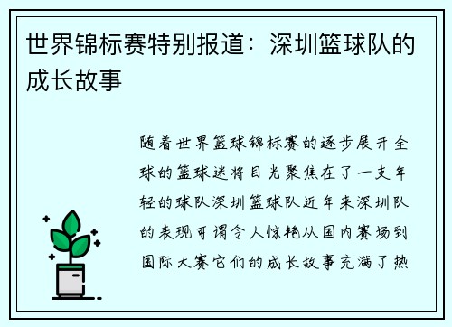 世界锦标赛特别报道：深圳篮球队的成长故事