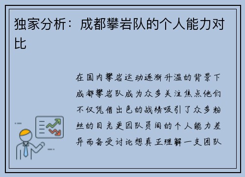 独家分析：成都攀岩队的个人能力对比