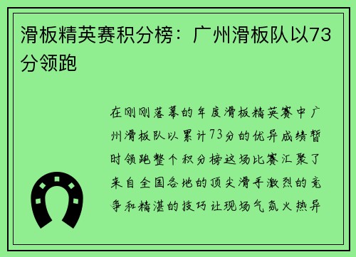 滑板精英赛积分榜：广州滑板队以73分领跑