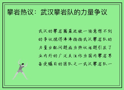 攀岩热议：武汉攀岩队的力量争议