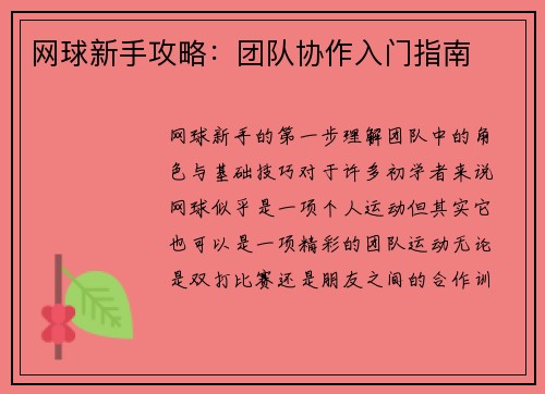 网球新手攻略：团队协作入门指南